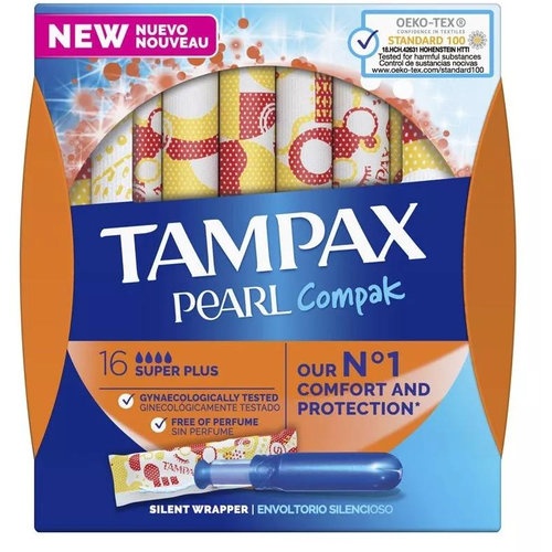 Tampax compak pearl tampon 100%algodon (16 unidades super plus)